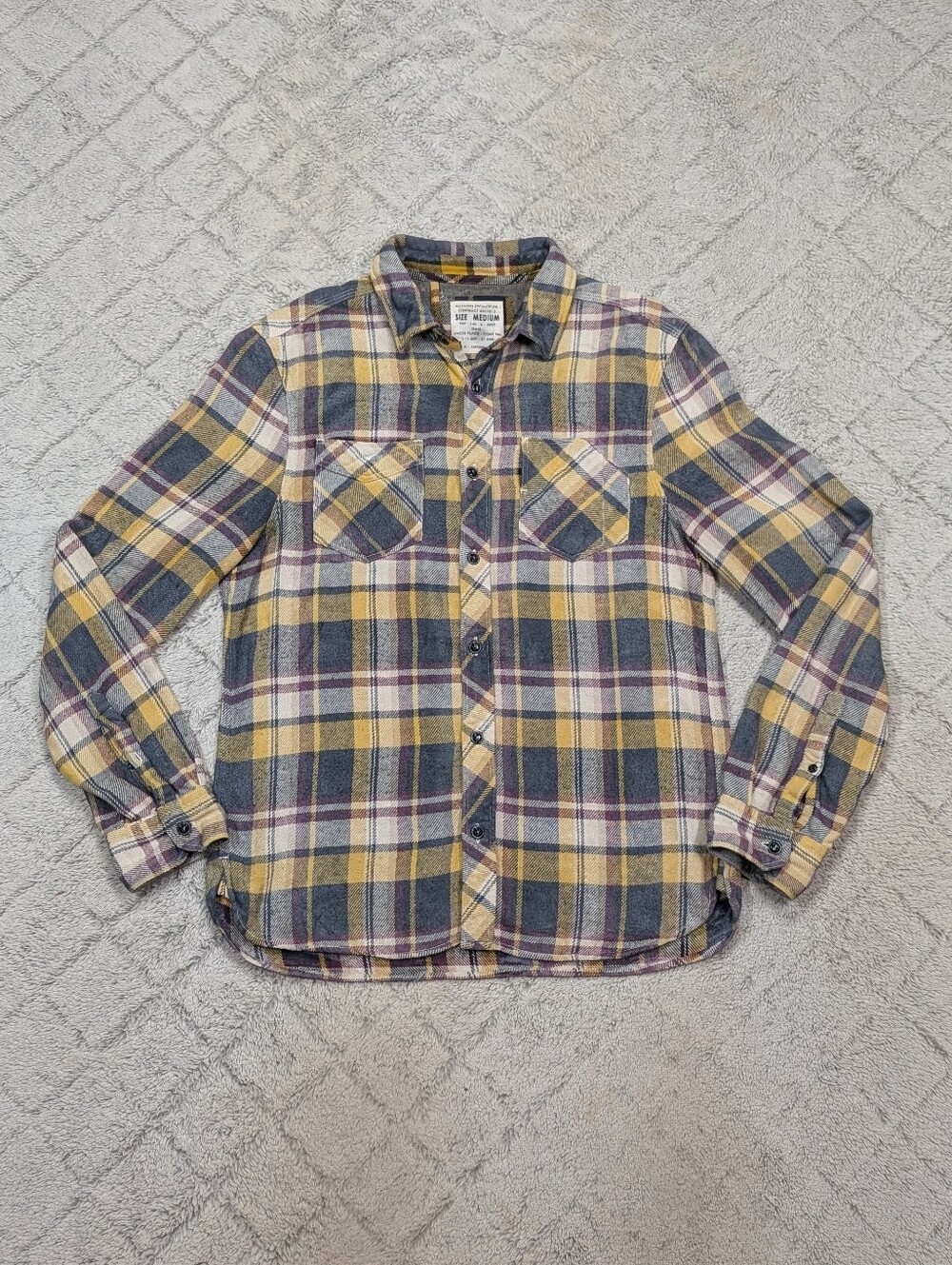 Allsaints Shirt Mens M Yellow Gray Plaid Flannel Heavy Knit Cotton Button